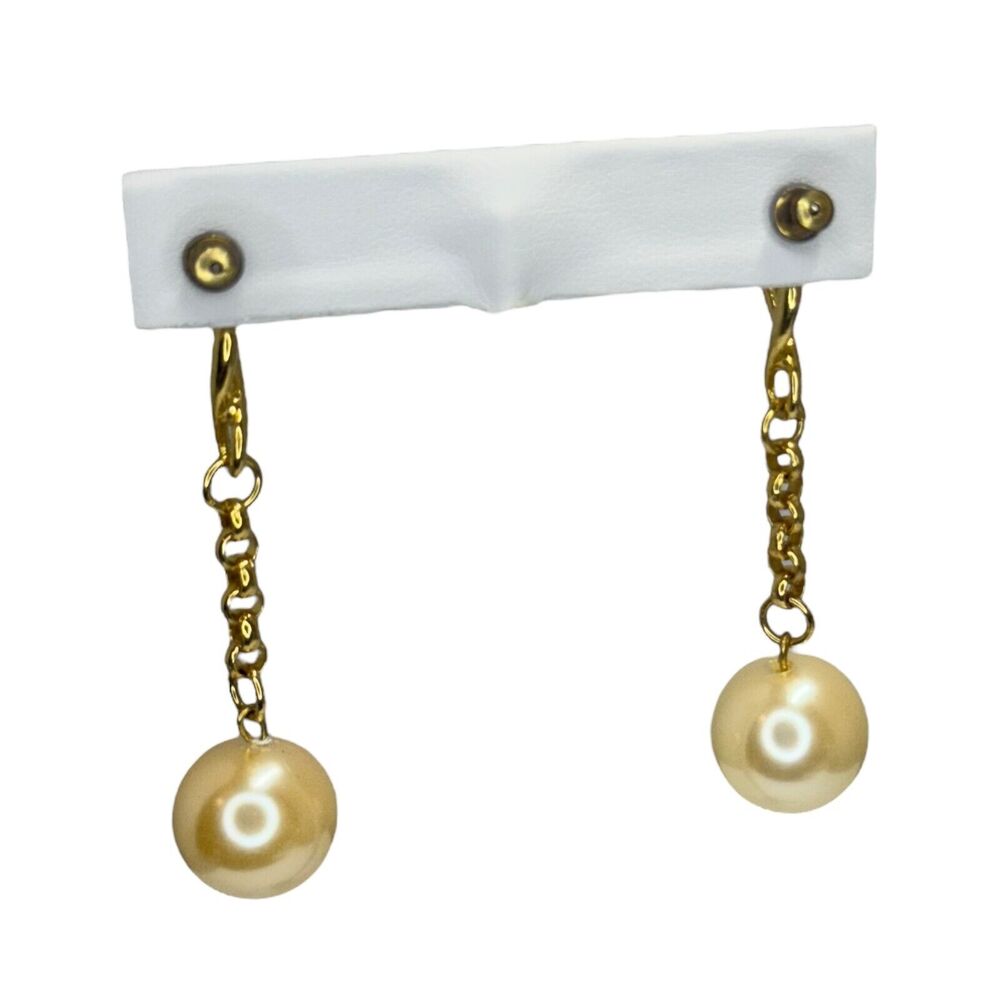 Vintage Gold-Tone Dangle Pearl Drop Chain Earrings Women Elegant Fashion Jewelry - Picture 3 of 6